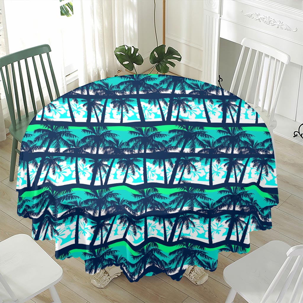 Blue Hibiscus Palm Tree Pattern Print Waterproof Round Tablecloth