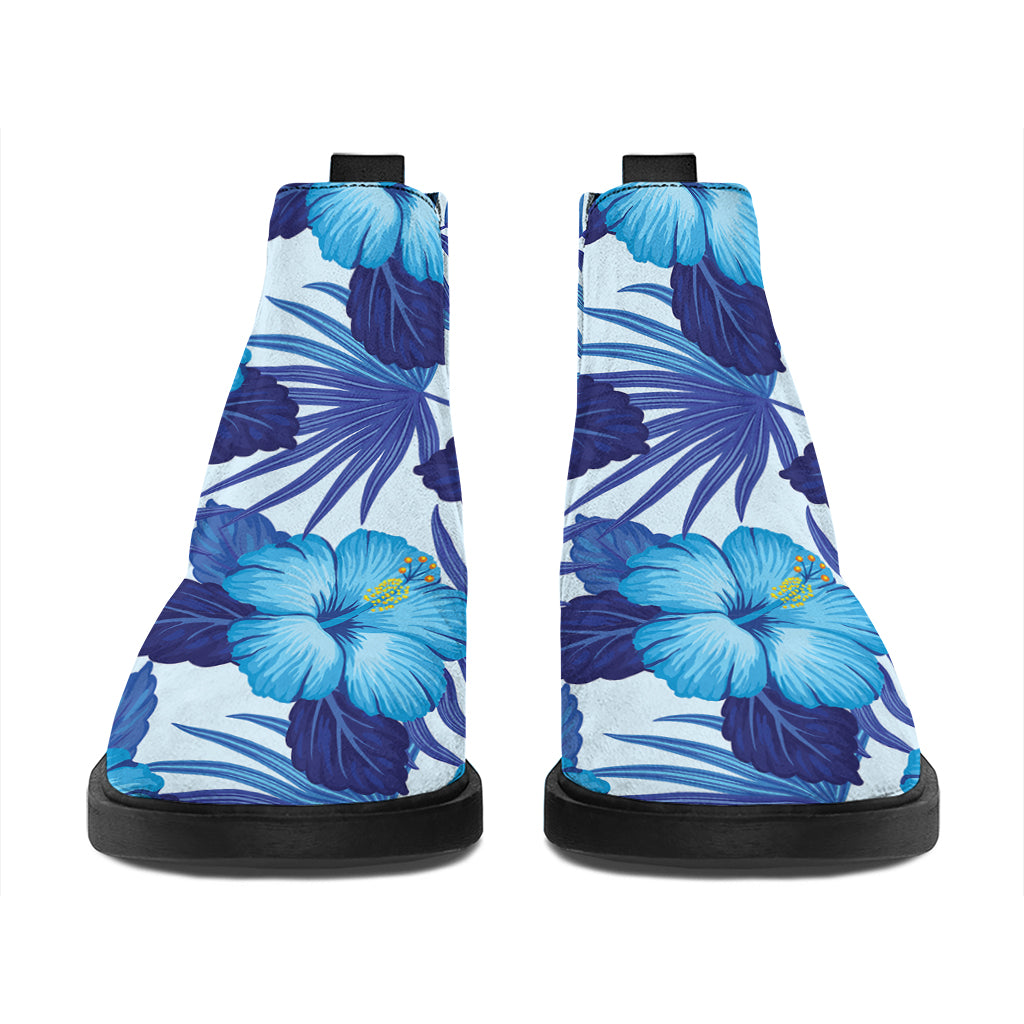 Blue Hibiscus Tropical Pattern Print Flat Ankle Boots