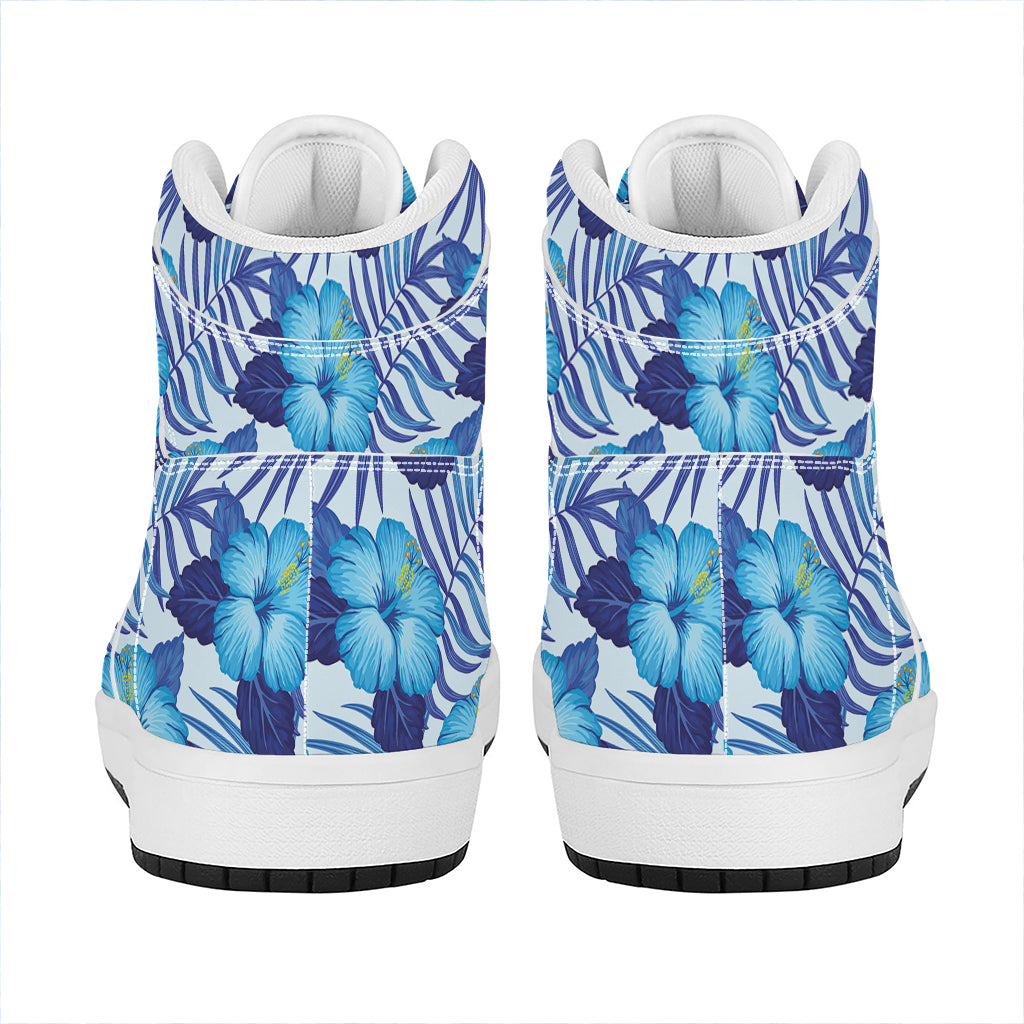 Blue Hibiscus Tropical Pattern Print High Top Leather Sneakers