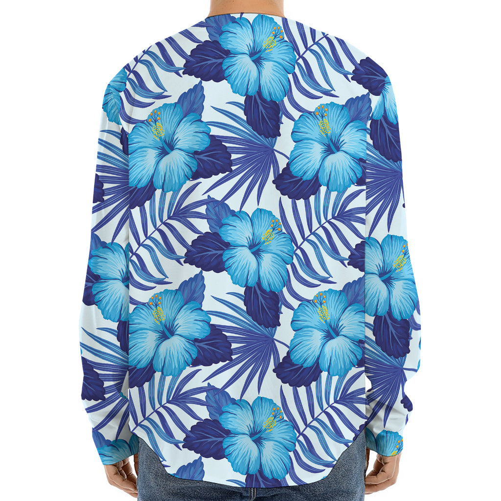 Blue Hibiscus Tropical Pattern Print Long Sleeve Baseball Jersey