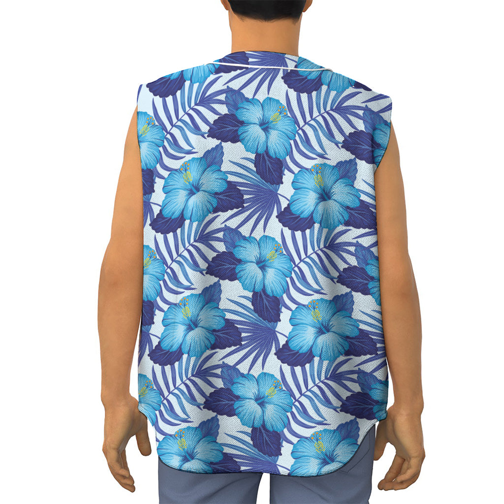 Blue Hibiscus Tropical Pattern Print Sleeveless Baseball Jersey