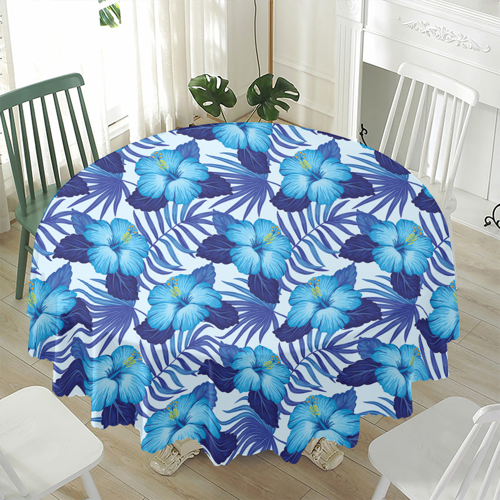 Blue Hibiscus Tropical Pattern Print Waterproof Round Tablecloth