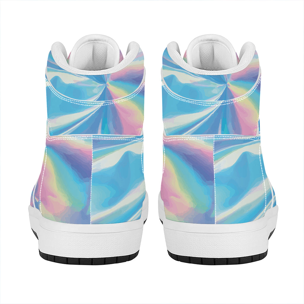 Blue Holographic Print High Top Leather Sneakers