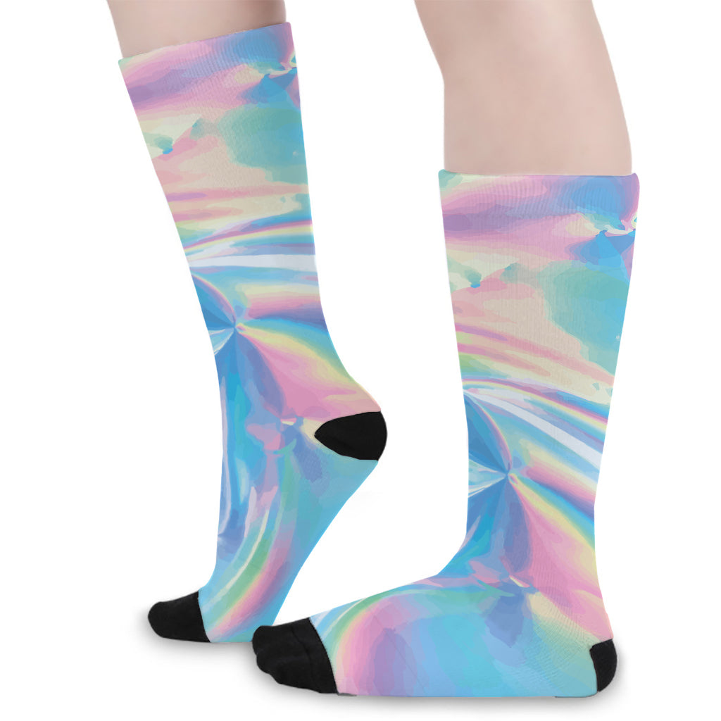 Blue Holographic Print Long Socks