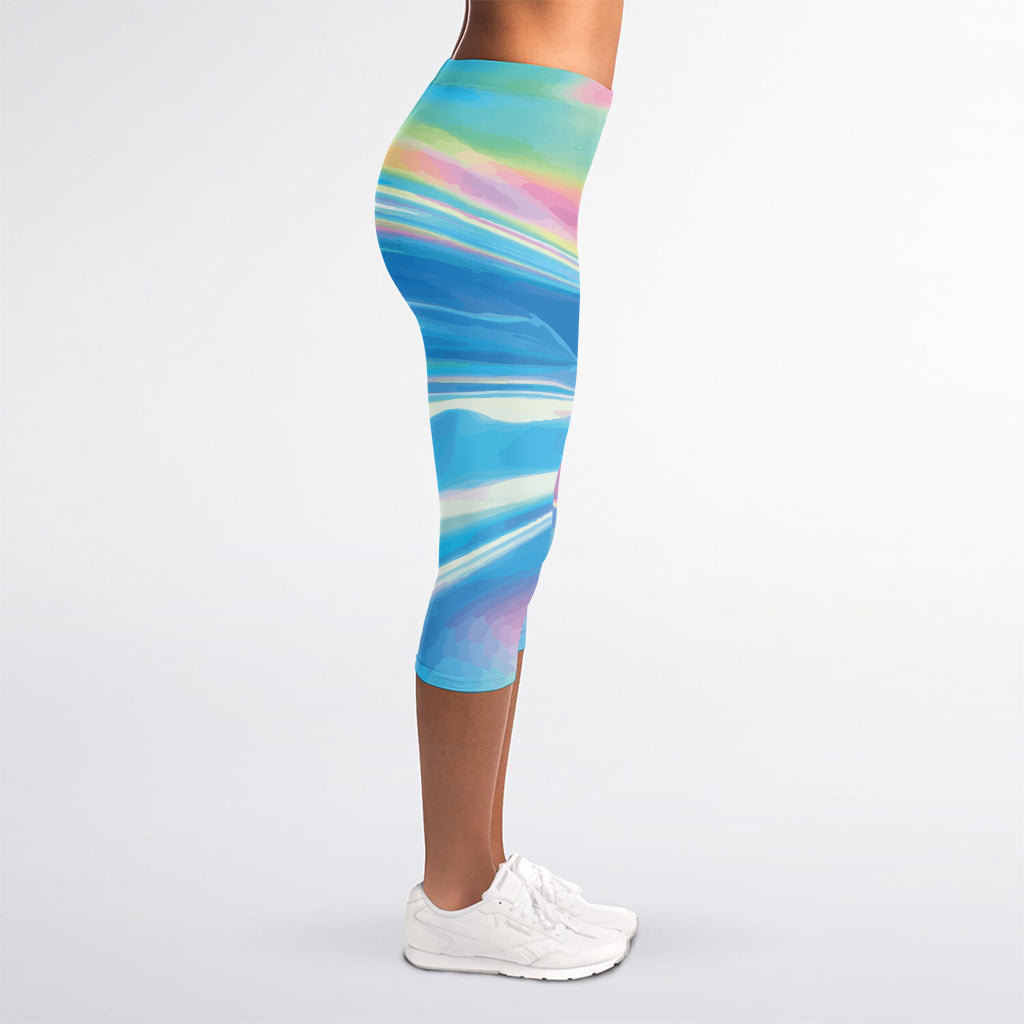 Blue Holographic Print Women's Capri Leggings