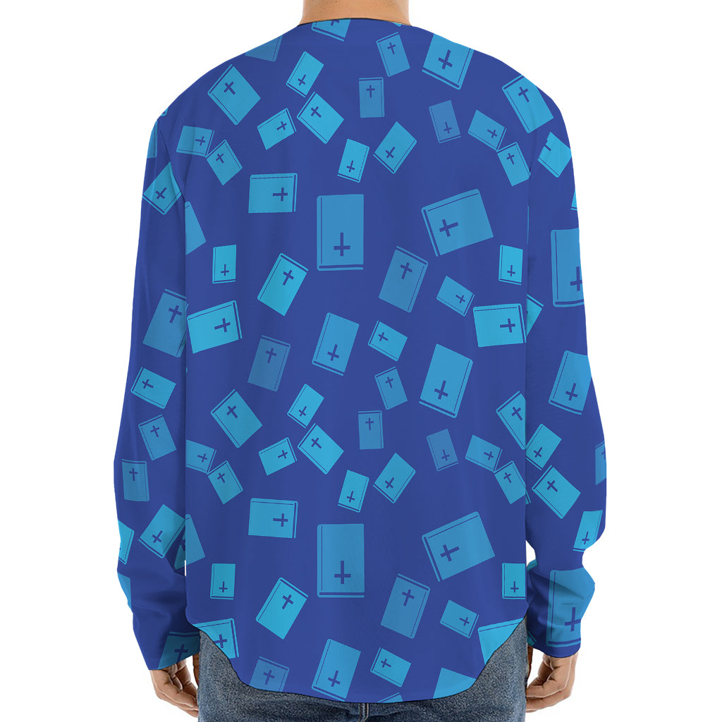 Blue Holy Bible Pattern Print Long Sleeve Baseball Jersey