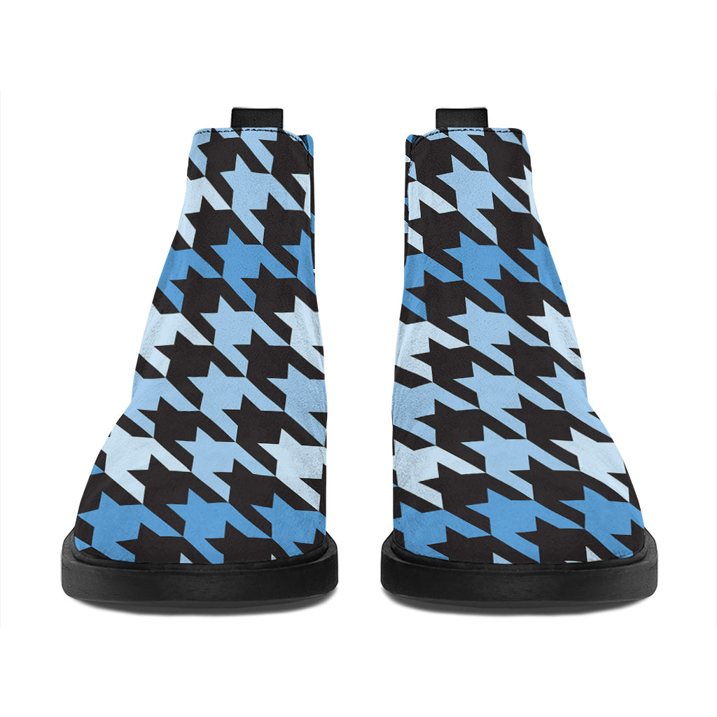 Blue Houndstooth Pattern Print Flat Ankle Boots