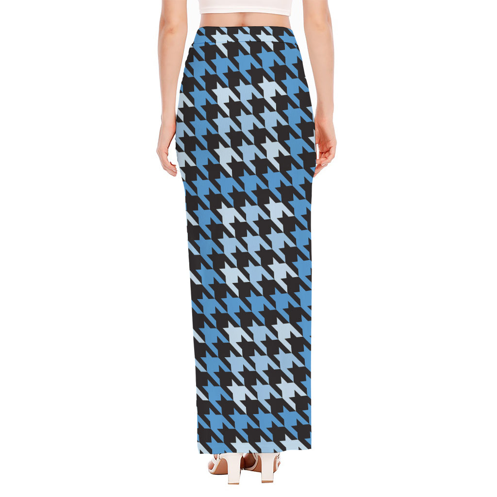 Blue Houndstooth Pattern Print High Slit Maxi Skirt