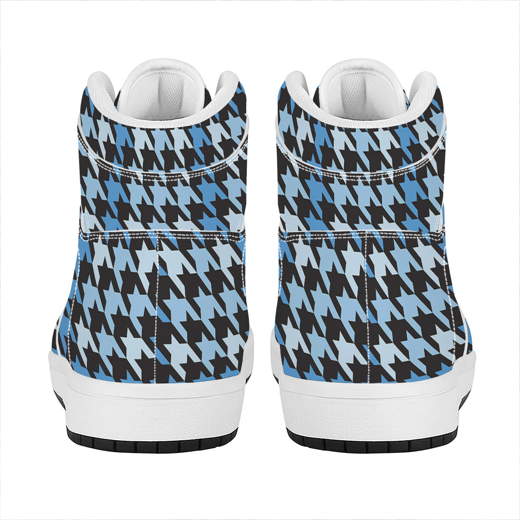 Blue Houndstooth Pattern Print High Top Leather Sneakers