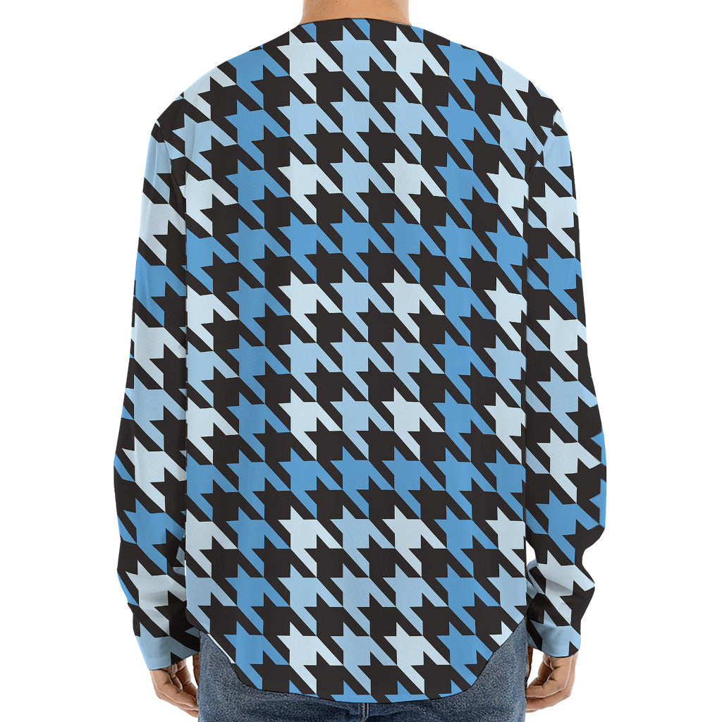Blue Houndstooth Pattern Print Long Sleeve Baseball Jersey
