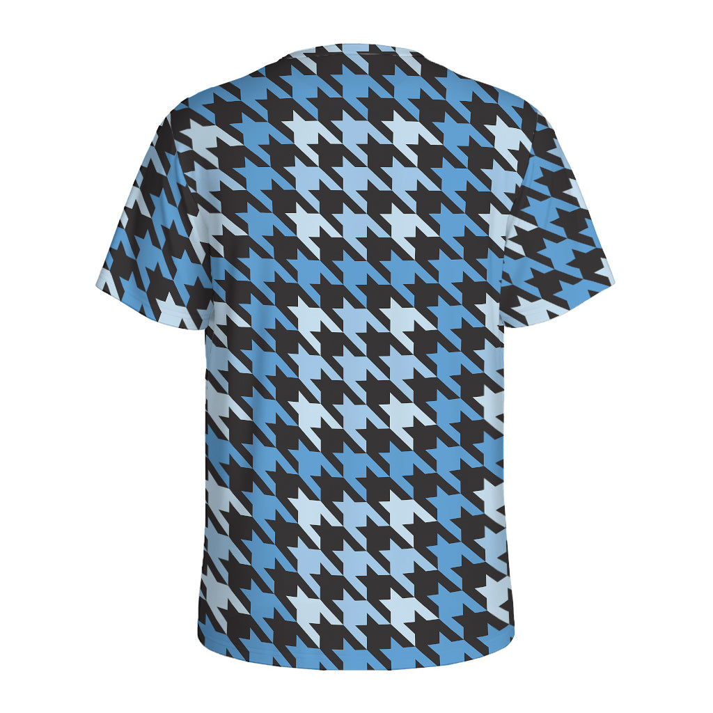Blue Houndstooth Pattern Print Men's Sports T-Shirt