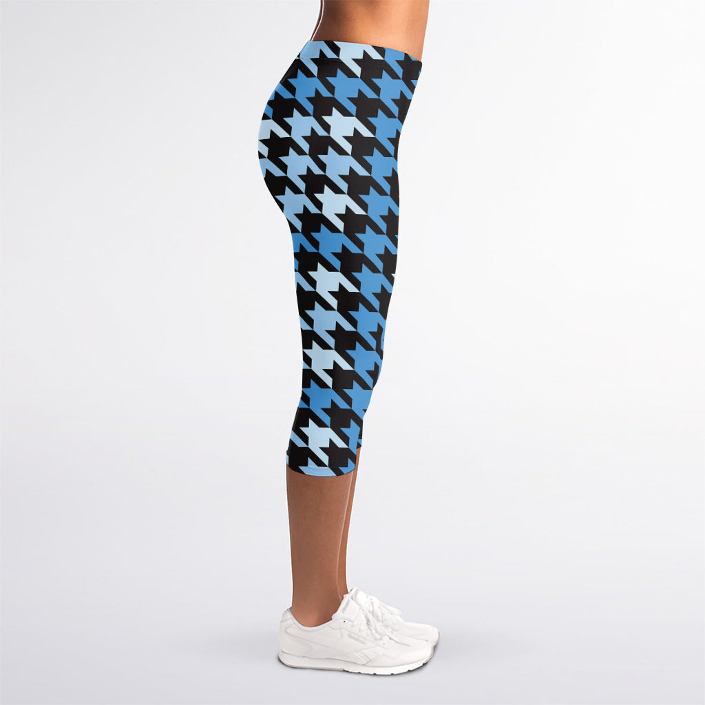 Blue Houndstooth Pattern Print Women's Capri Leggings