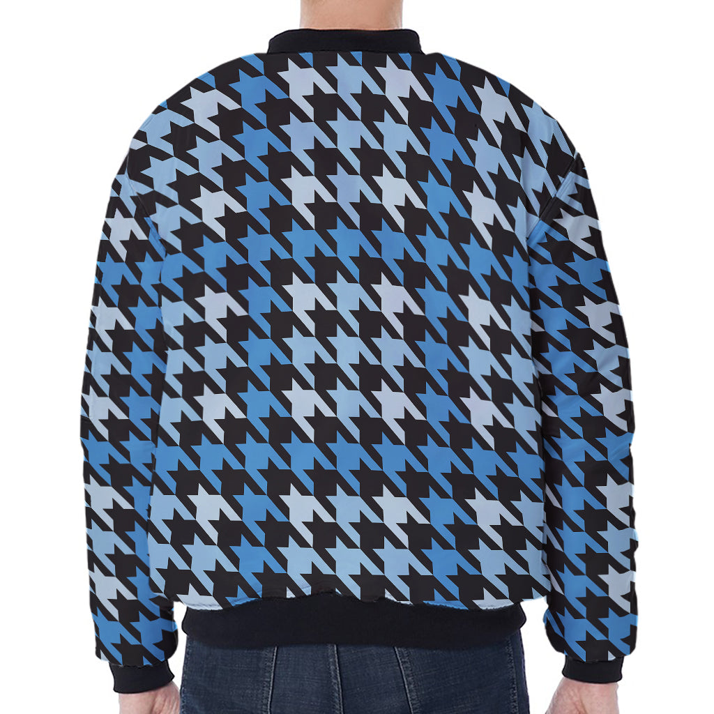 Blue Houndstooth Pattern Print Zip Sleeve Bomber Jacket