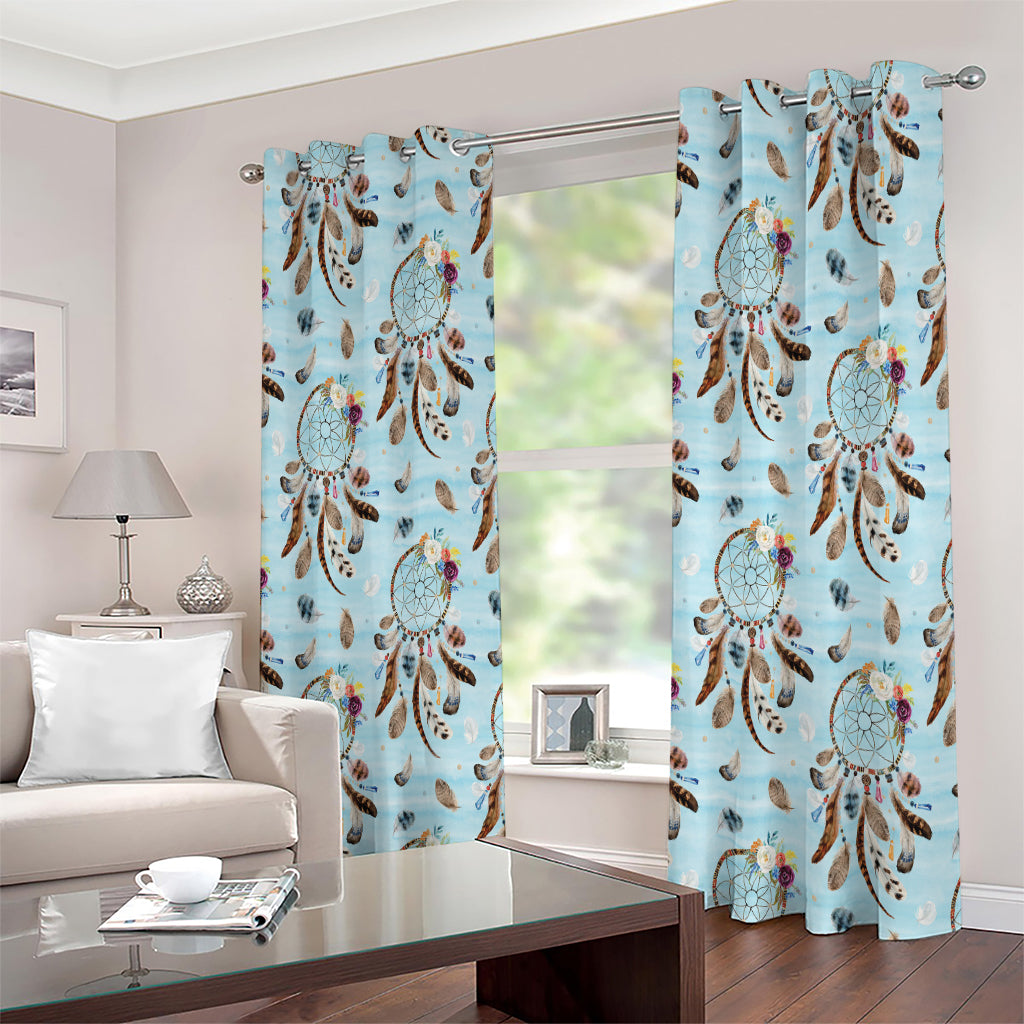Blue Indian Dream Catcher Pattern Print Extra Wide Grommet Curtains