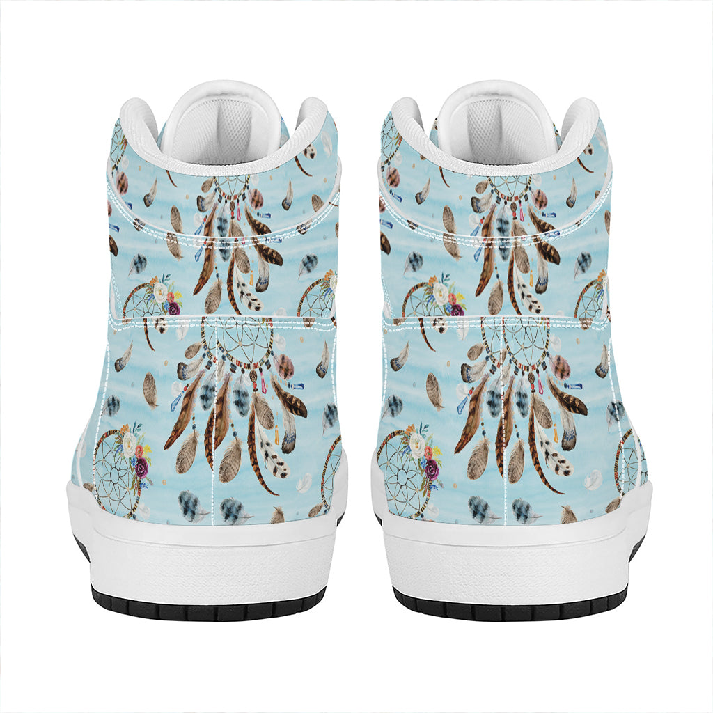 Blue Indian Dream Catcher Pattern Print High Top Leather Sneakers