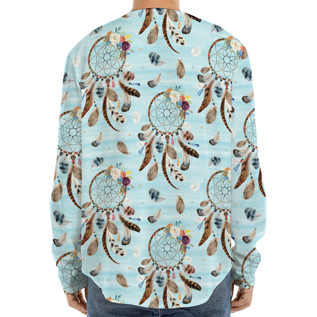 Blue Indian Dream Catcher Pattern Print Long Sleeve Baseball Jersey