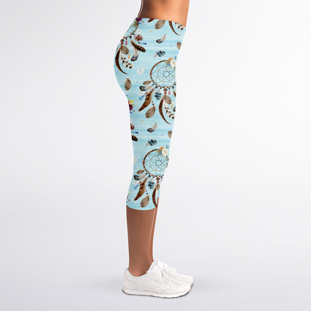 Blue Indian Dream Catcher Pattern Print Women's Capri Leggings