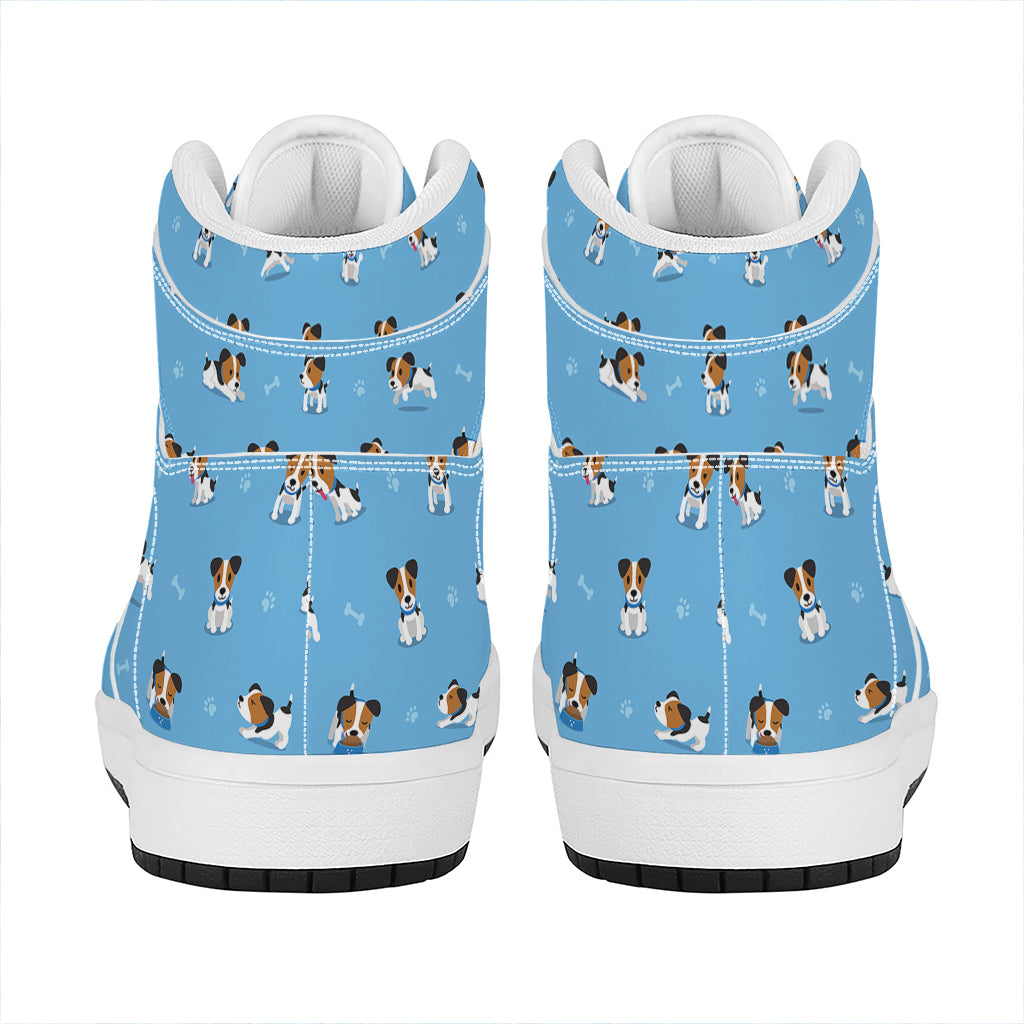 Blue Jack Russell Terrier Pattern Print High Top Leather Sneakers