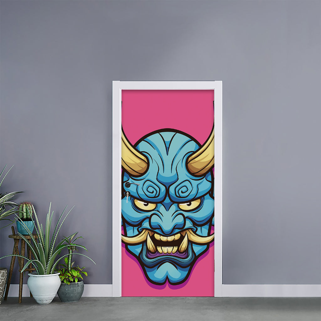 Blue Japanese Demon Print Door Sticker