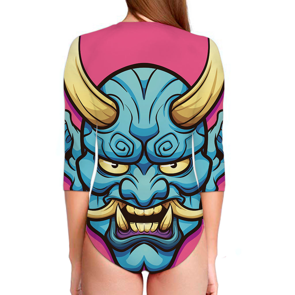 Blue Japanese Demon Print Long Sleeve Swimsuit