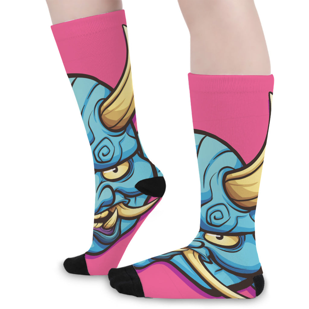 Blue Japanese Demon Print Long Socks