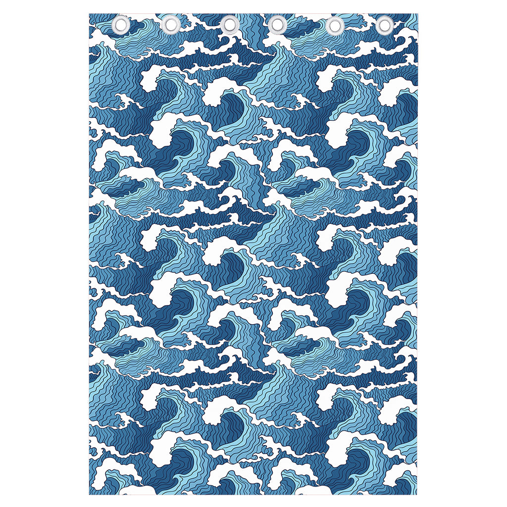 Blue Japanese Wave Pattern Print Curtain