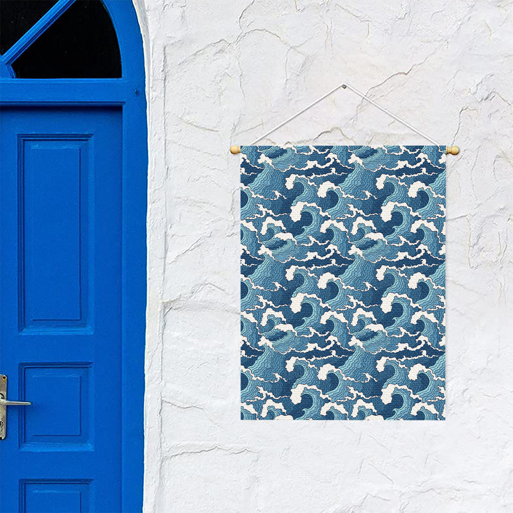 Blue Japanese Wave Pattern Print Garden Flag