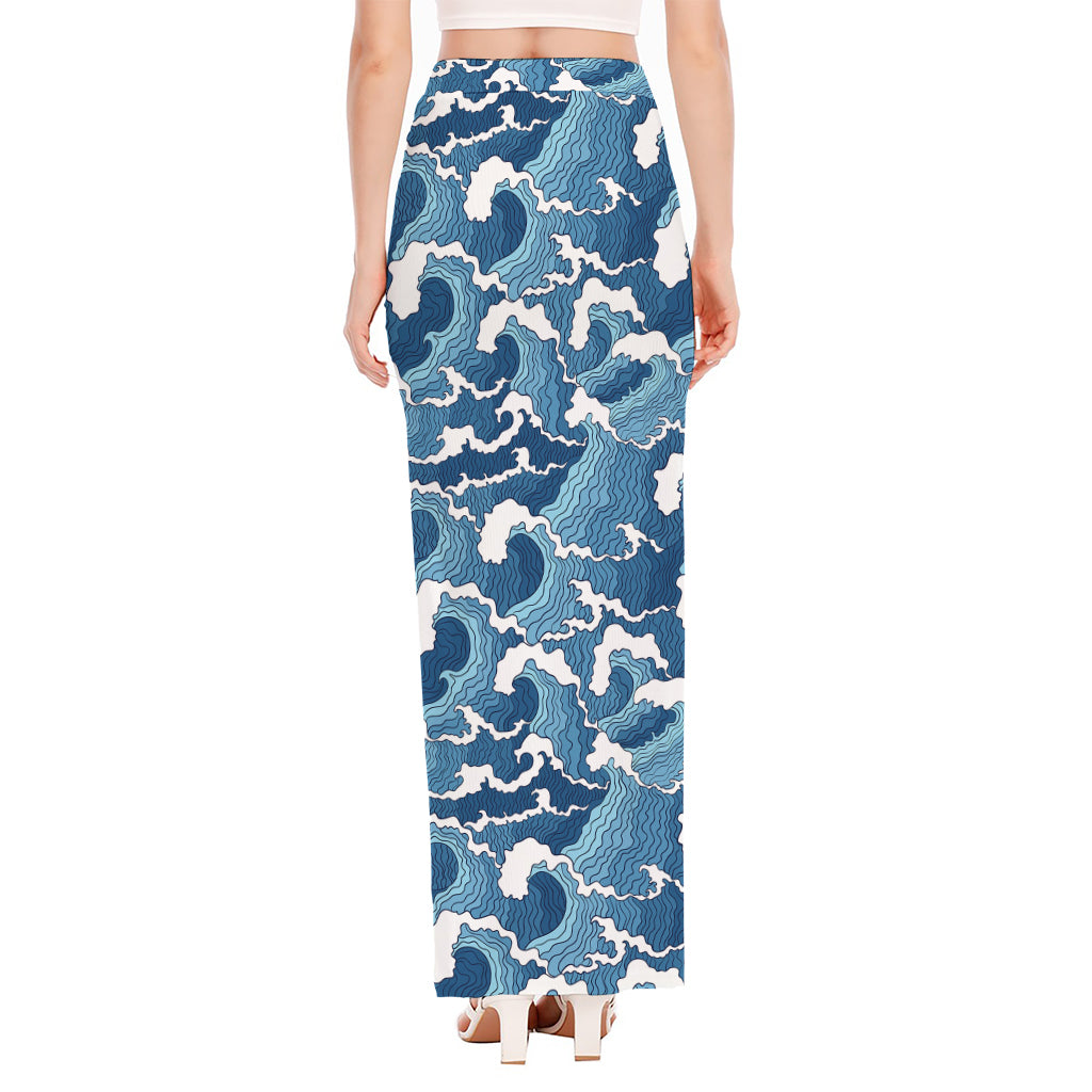 Blue Japanese Wave Pattern Print High Slit Maxi Skirt