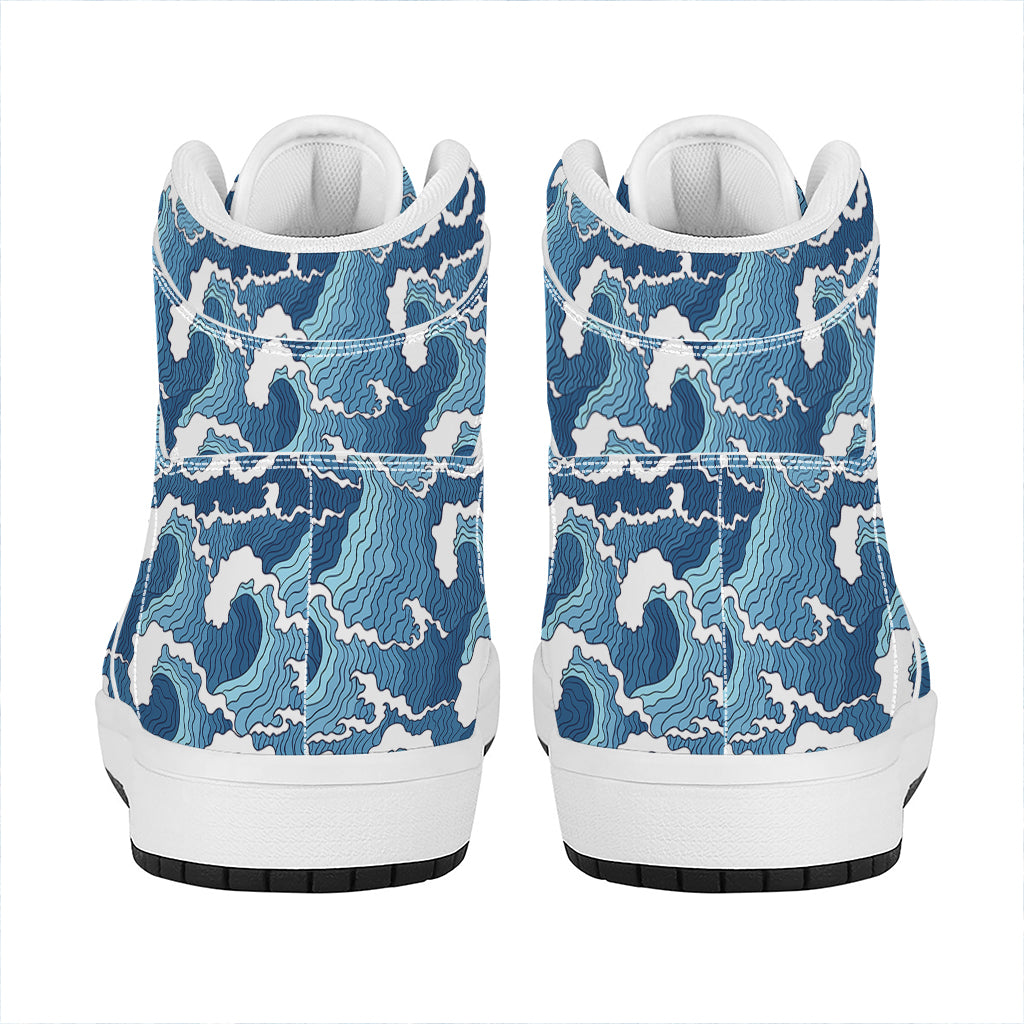Blue Japanese Wave Pattern Print High Top Leather Sneakers