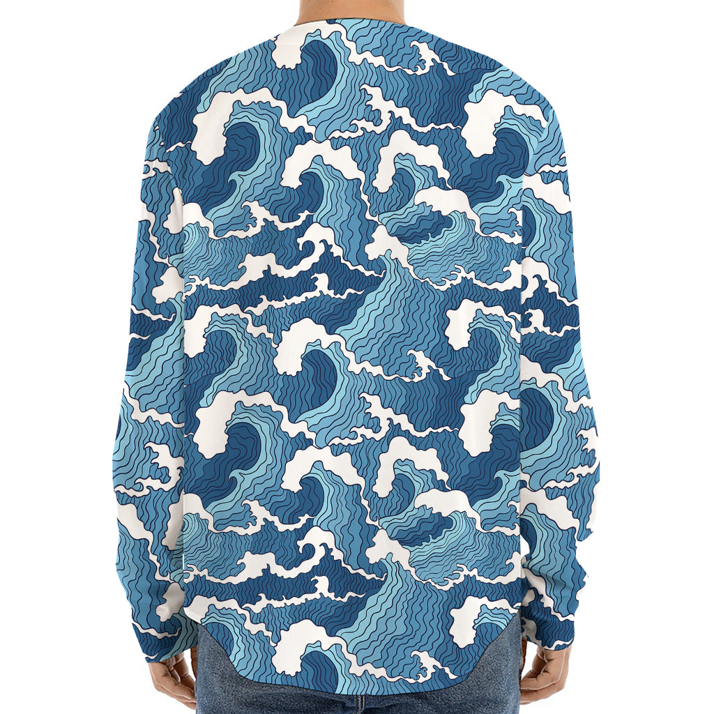 Blue Japanese Wave Pattern Print Long Sleeve Baseball Jersey