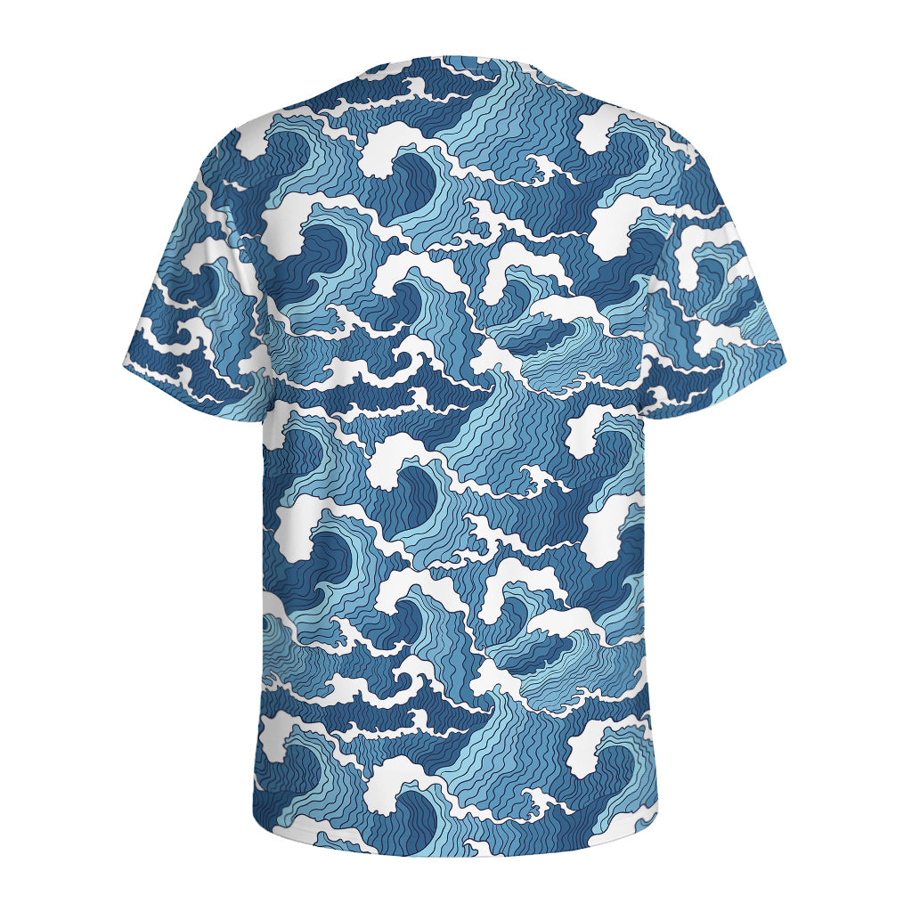 Blue Japanese Wave Pattern Print Men's Sports T-Shirt