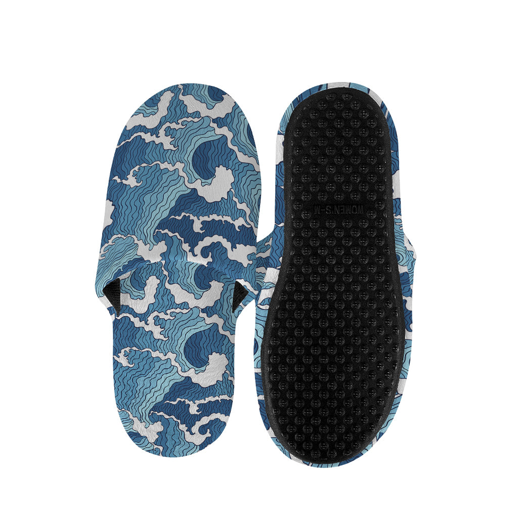 Blue Japanese Wave Pattern Print Slippers