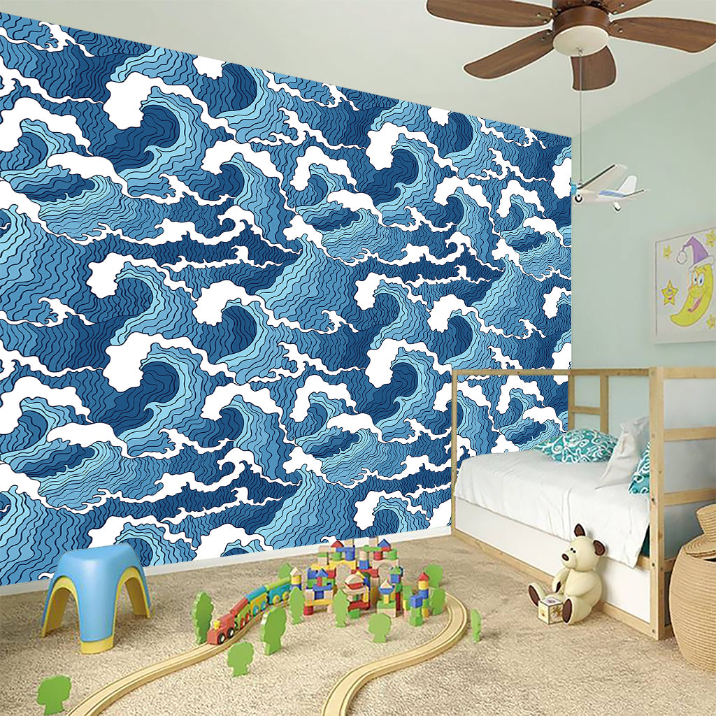 Blue Japanese Wave Pattern Print Wall Sticker