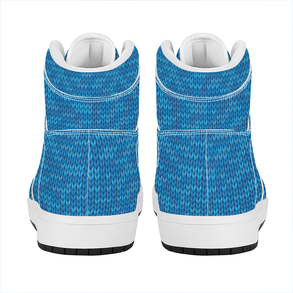 Blue Knitted Pattern Print High Top Leather Sneakers