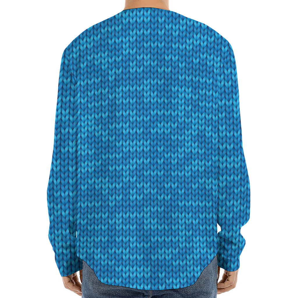 Blue Knitted Pattern Print Long Sleeve Baseball Jersey