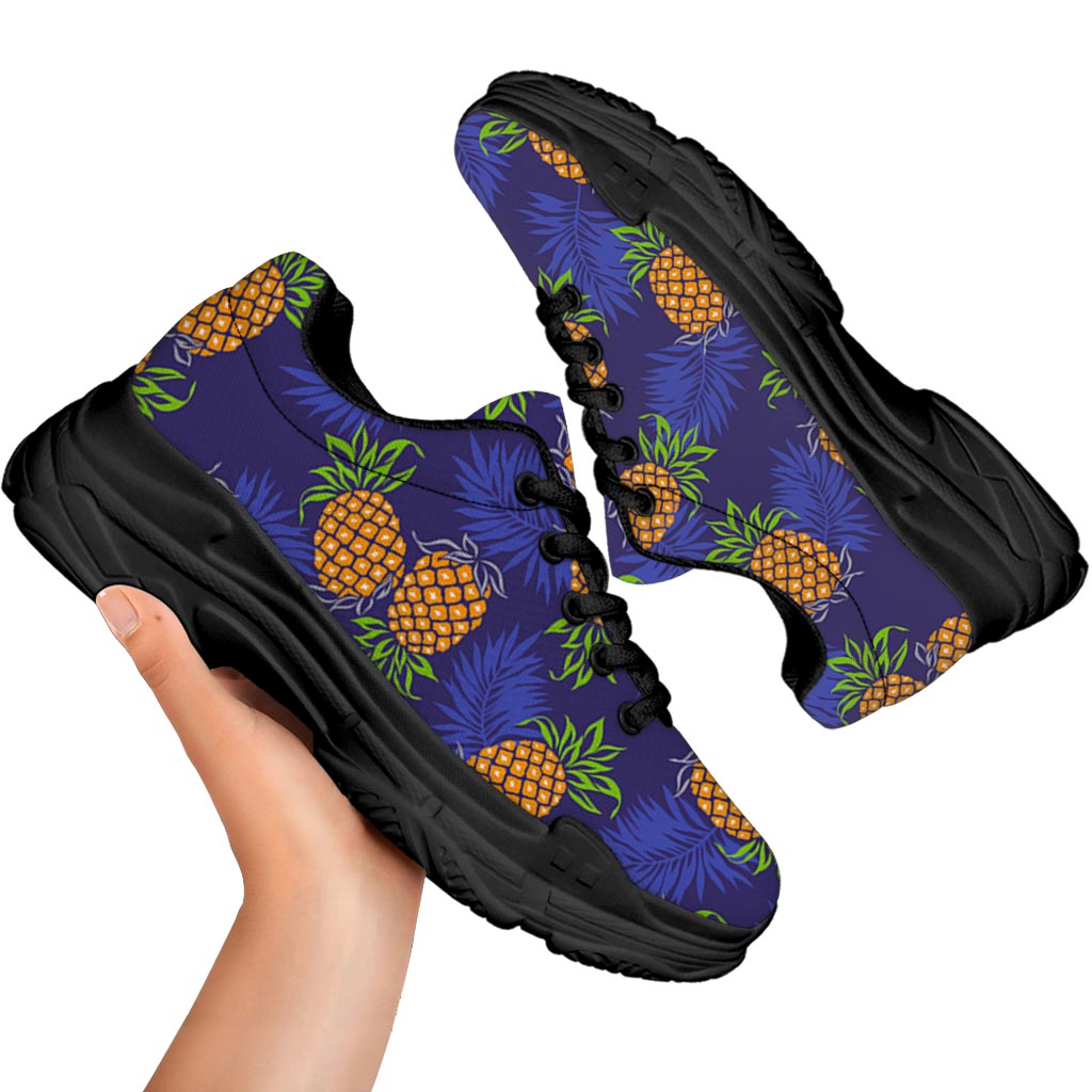 Blue Leaf Pineapple Pattern Print Black Chunky Shoes