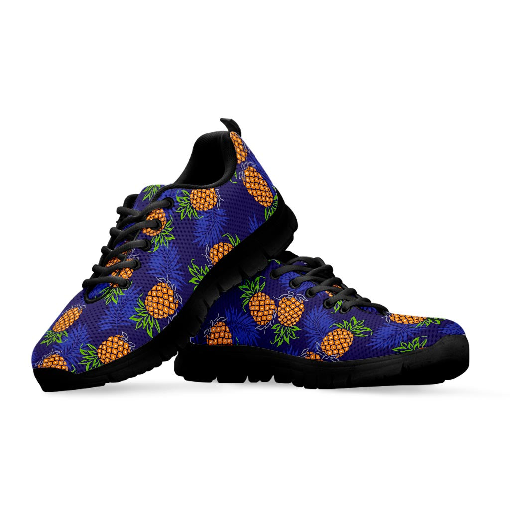 Blue Leaf Pineapple Pattern Print Black Running Shoes