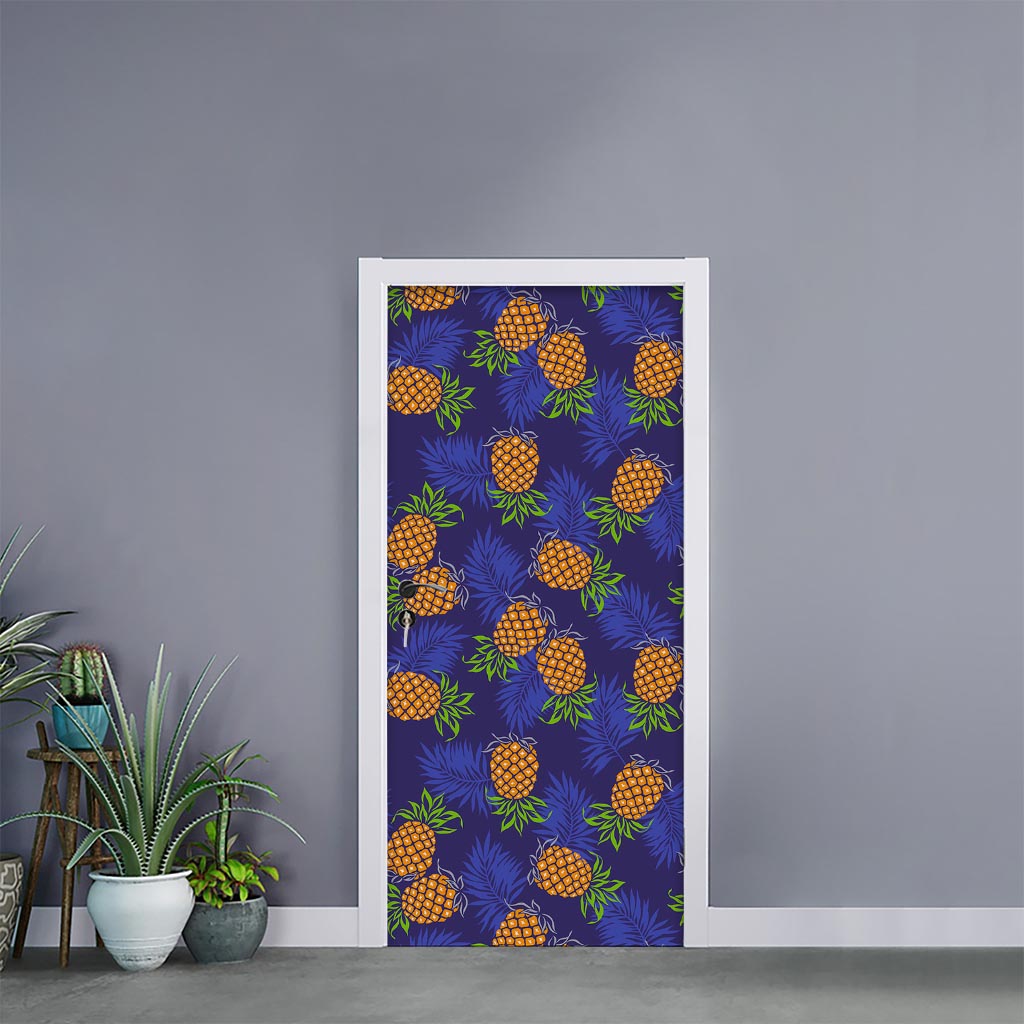 Blue Leaf Pineapple Pattern Print Door Sticker