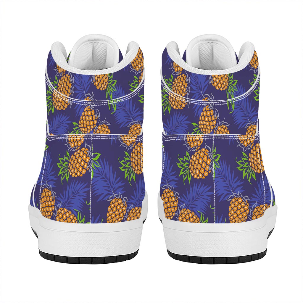 Blue Leaf Pineapple Pattern Print High Top Leather Sneakers