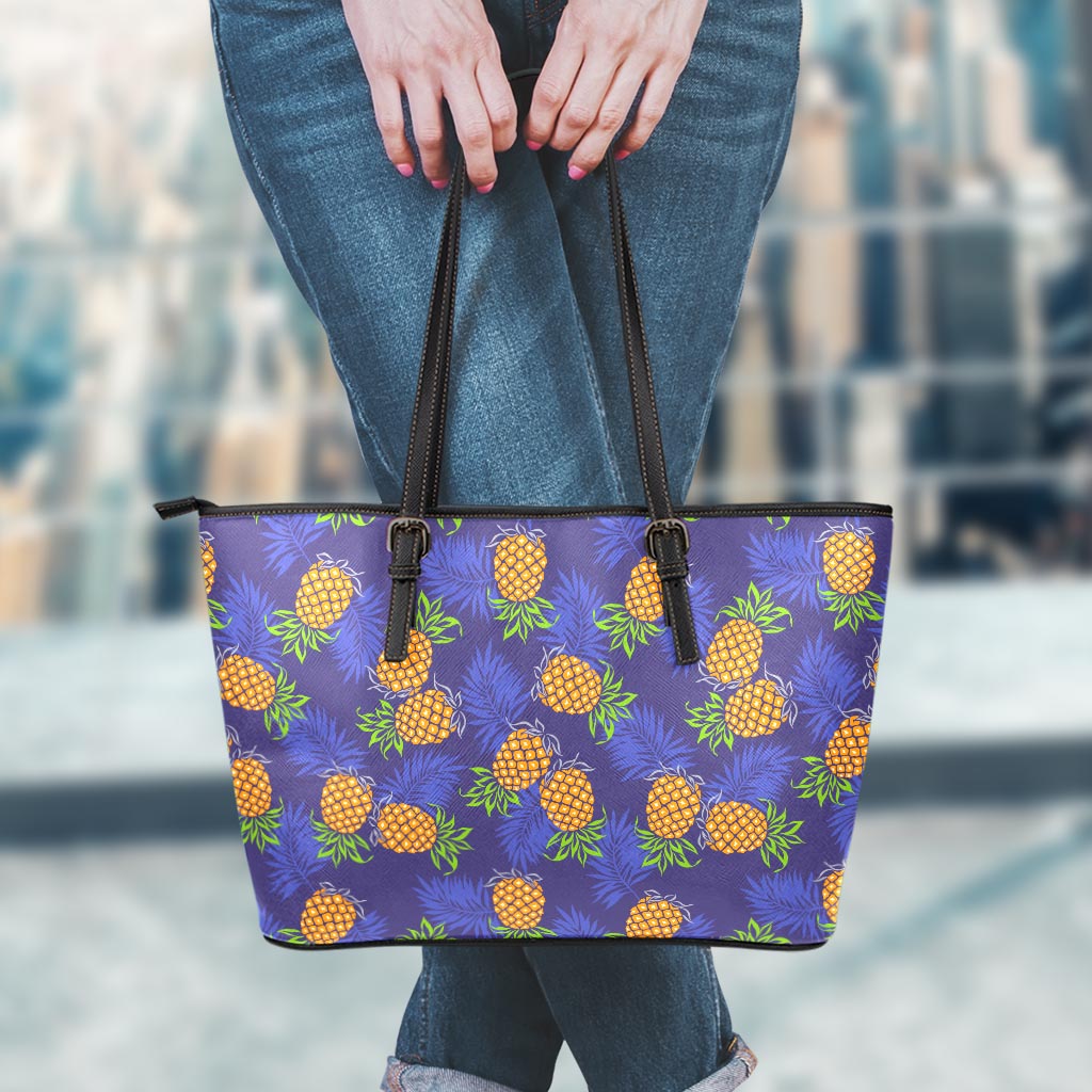 Blue Leaf Pineapple Pattern Print Leather Tote Bag