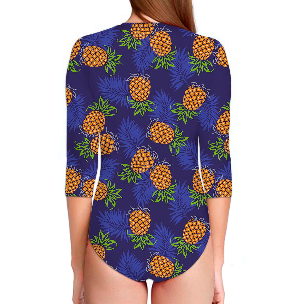 Blue Leaf Pineapple Pattern Print Long Sleeve Swimsuit