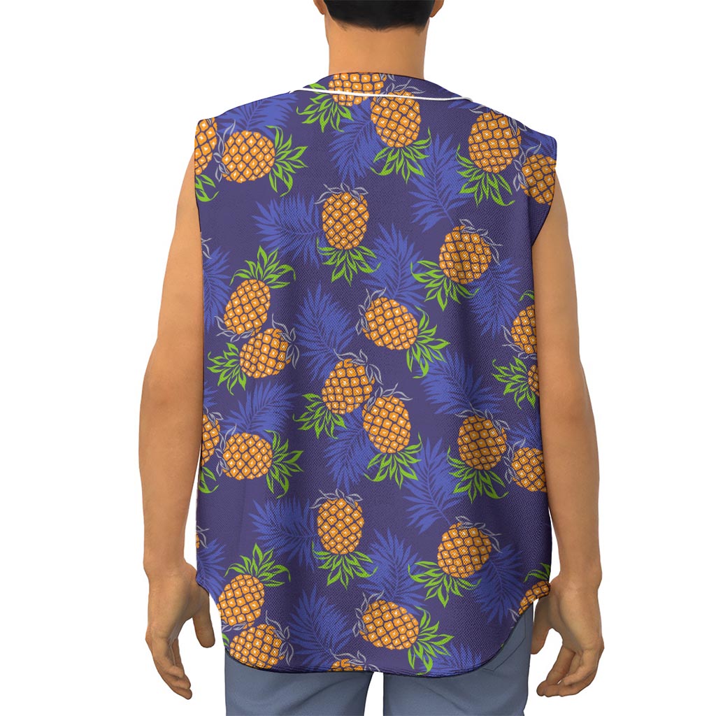 Blue Leaf Pineapple Pattern Print Sleeveless Baseball Jersey