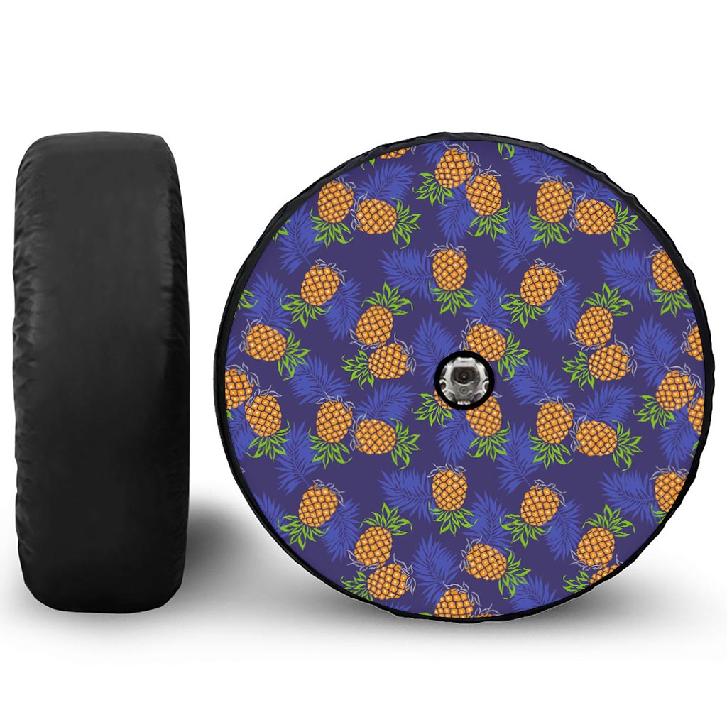 Blue Leaf Pineapple Pattern Print Tire Cover With Camera Hole