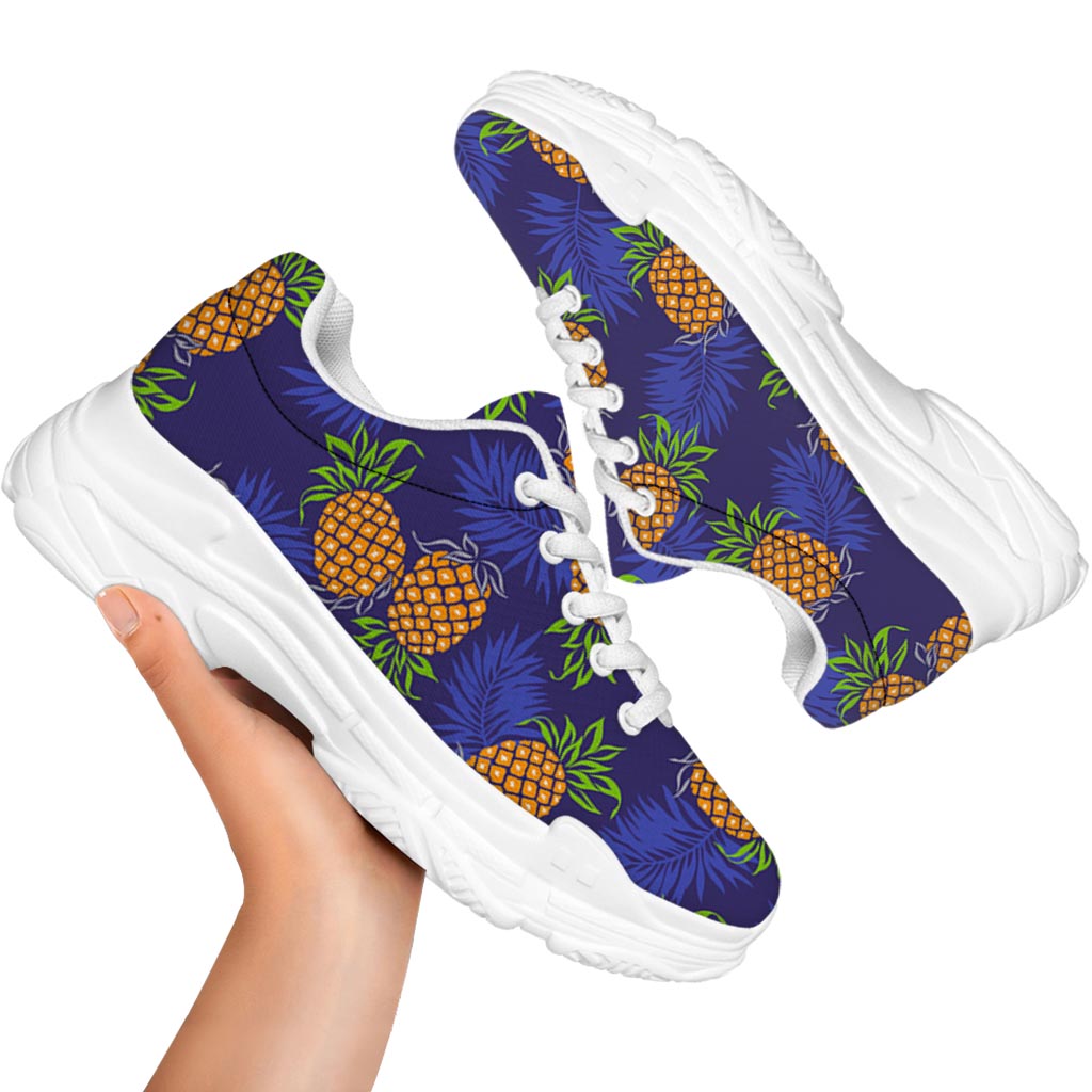Blue Leaf Pineapple Pattern Print White Chunky Shoes
