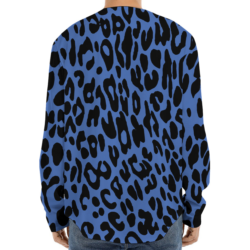 Blue Leopard Print Long Sleeve Baseball Jersey
