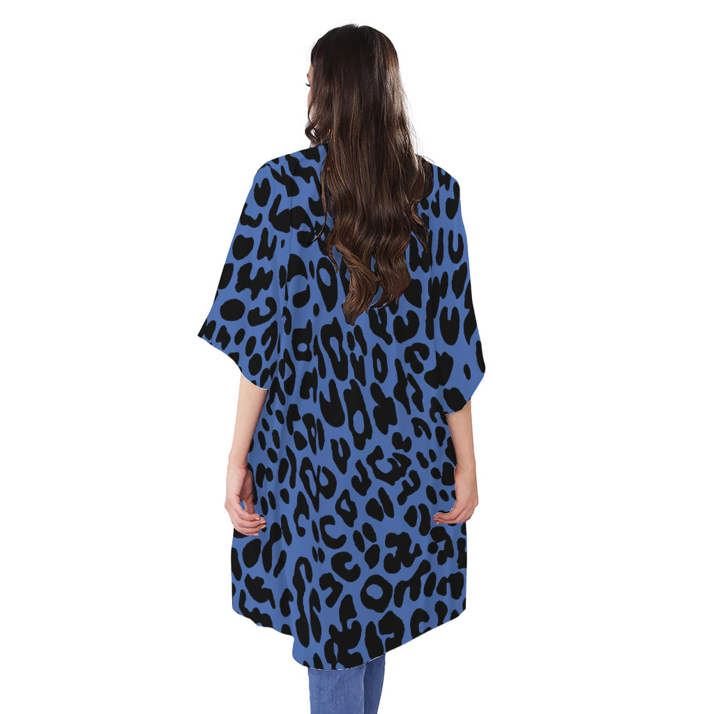 Blue Leopard Print Open Front Beach Cover Up
