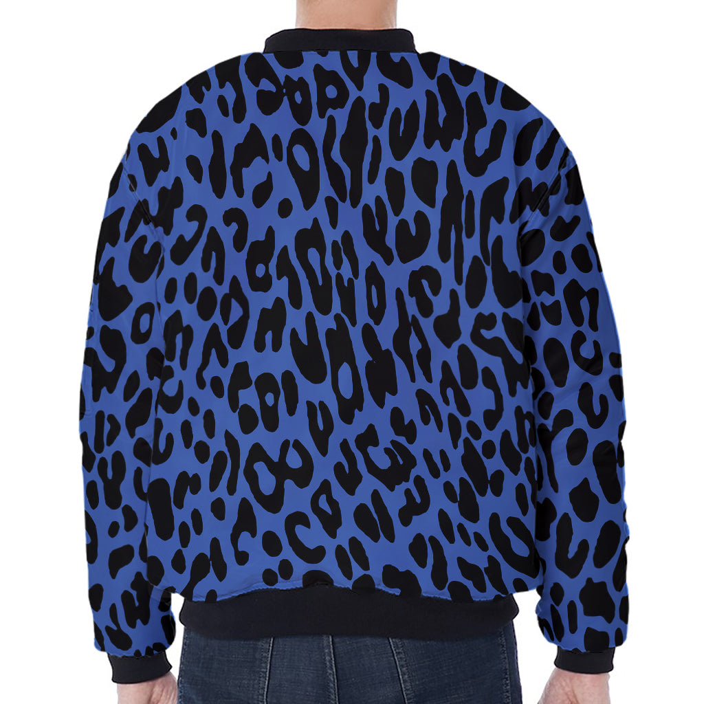 Blue Leopard Print Zip Sleeve Bomber Jacket