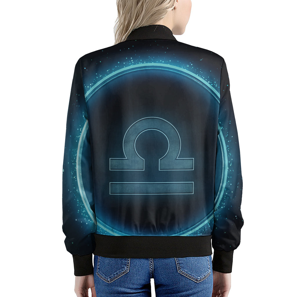 Blue Libra Zodiac Sign Print Women's Bomber Jacket