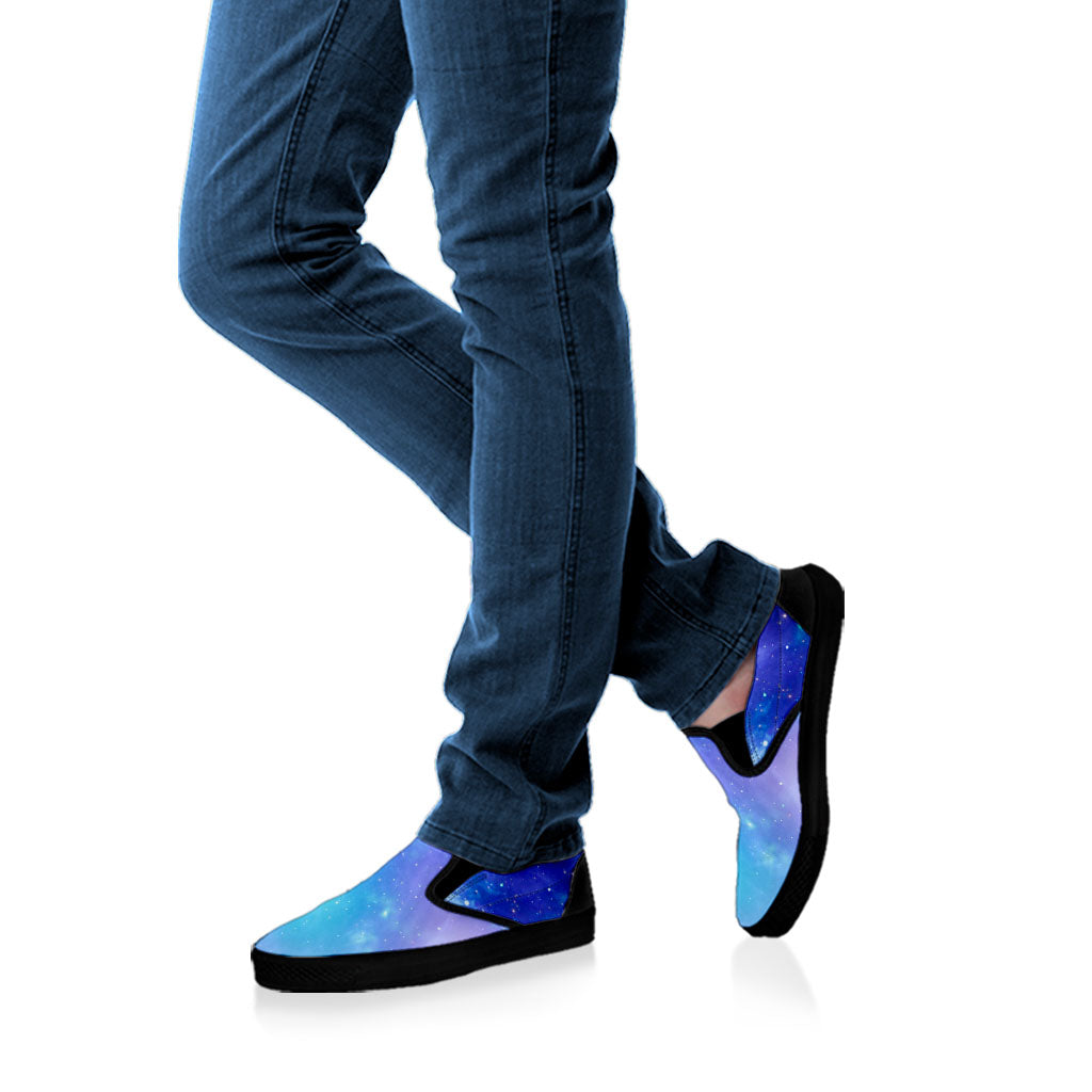 Blue Light Nebula Galaxy Space Print Black Slip On Sneakers