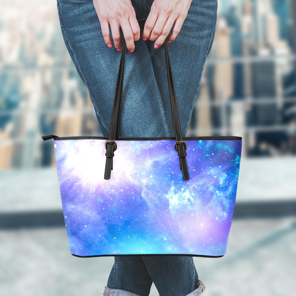 Blue Light Nebula Galaxy Space Print Leather Tote Bag